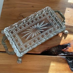 Vintage Glass Tray / Plate with Claw Foot Metal Holder Frame
